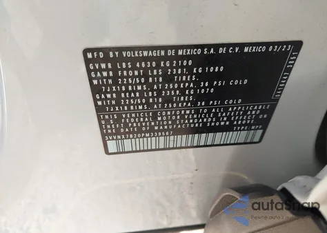 2023 Volkswagen Taos 1.5T Se z USA, uszkodzony, nr VIN 3VVNX7B20PM339567